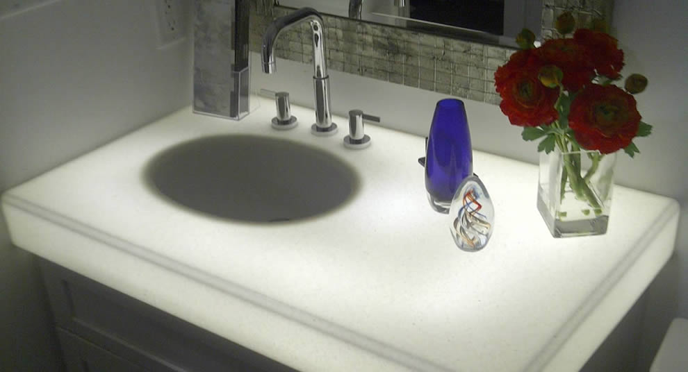 Solid surface white backlit sink bathroom vanity custom countertops Mike's Countertop Shop Sudbury Ontario