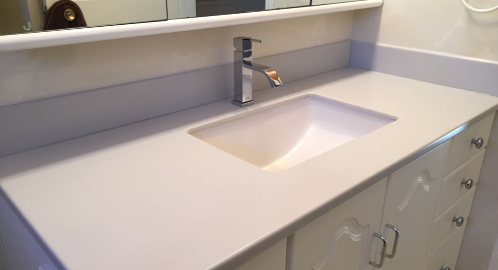 Solid surface white bathroom vanity custom countertops Mike's Countertop Shop Sudbury Ontario