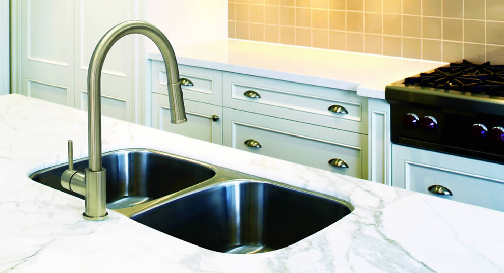 Vogt Traund Modena kitchen faucet stainless steel sink custom countertops Mike's Countertop Shop Sudbury Ontario.